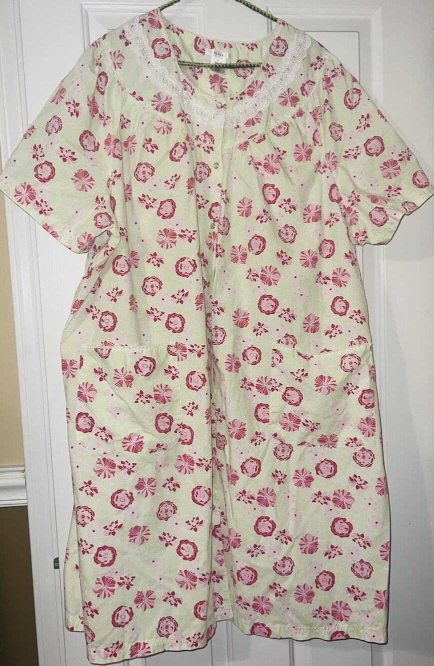 PINK K Kmart House Dress Duster Robe 2X Floral Snap Front Green Pink 2X XXL